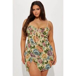 Fashion Nova Taupe Floral Tapestry Corset Mini Dress Sz XL Castlecore Medieval